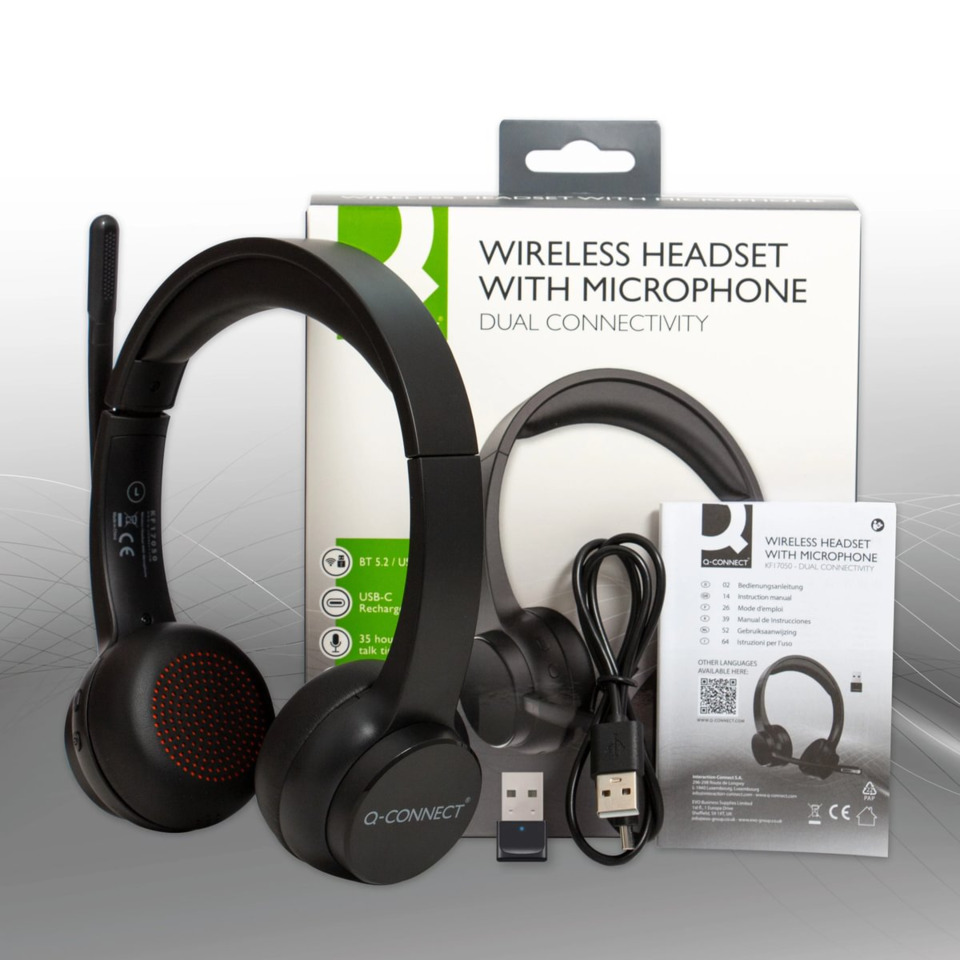 drahtloses headset, kopfhörer, mikrofon, USB-Empfänger, schwarz