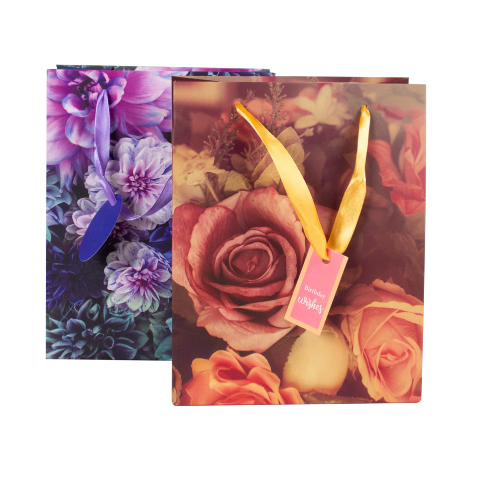 Geschenktüte, Blumenmuster, Rosenmotiv, Satinband, Aufkleber/Tag