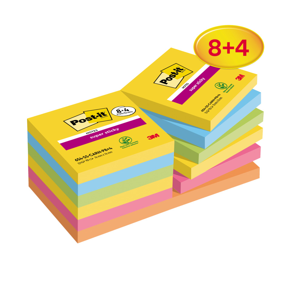 Haftnotizblock Super Sticky Notes Promotion Carnival Collection, 76x76mm, 12x90 Blatt, sortiert POST-IT 654-SSCARN-P8+4 Papier