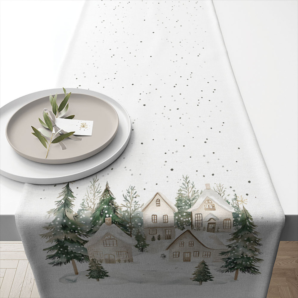 Tischläufer, Weihnachten, Winterlandschaft, Schneedorf, Nadelbäume