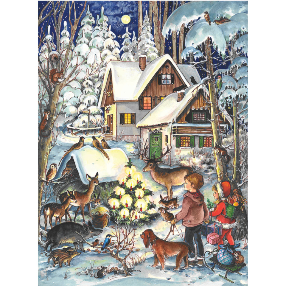 winter, cottage, schnee, hirsche, kinder