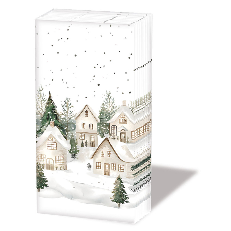 Winter village, Snowy houses, Snowfall, Christmas scene, Pine trees