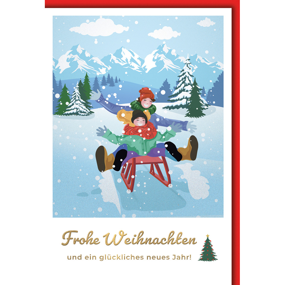 winter, schnee, schlitten, kinder, karte