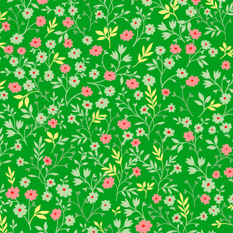 blumiges muster, grüner hintergrund, rosa blumen, gelbe akzente, rankenblätter