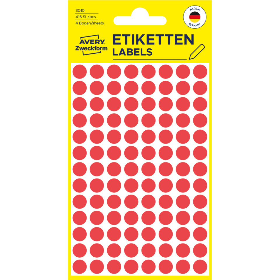 etiketten, aufkleber, rotpunkte, runde stickers, spenderpackung
