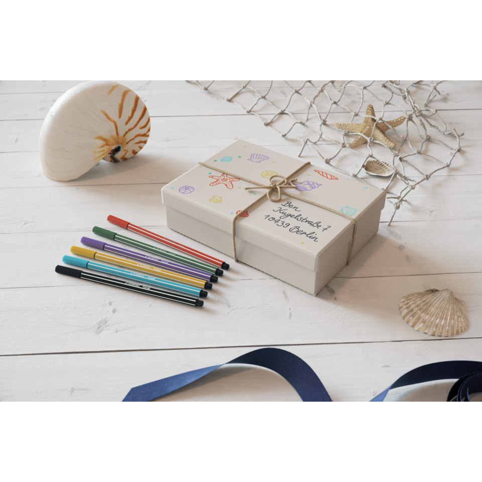  Geschenkbox,  Stifte,  Muscheln,  Seestern,  Netz