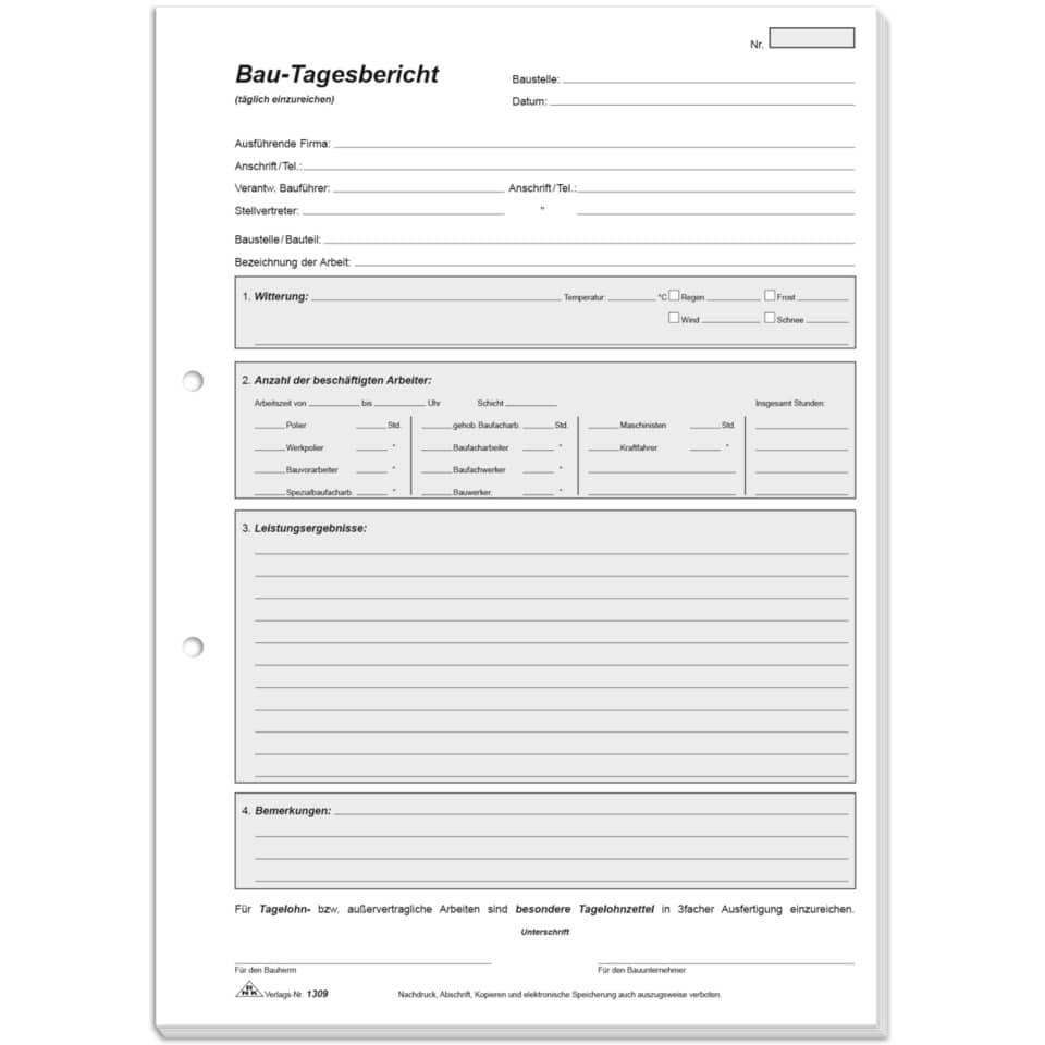 Bau-Tagesbericht, Formblatt, Baustellenbericht, Wetterdaten, Arbeitsleistung