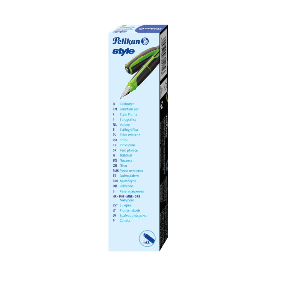 Füllhalter, grüner Stift, Körper aus Kunststoff, Nadeln Spitze, Verpackungskarton