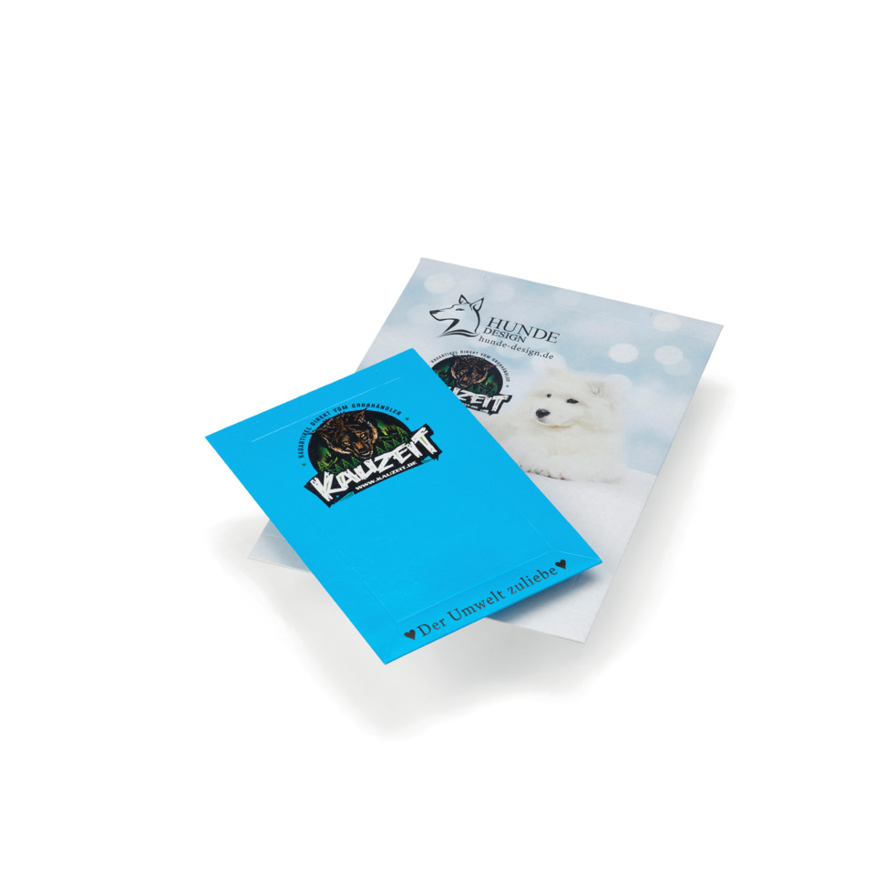 Postkarte, blaues Karteikarten-Design, Hundemotiv, grafisches Etikett, Markenaufkleber