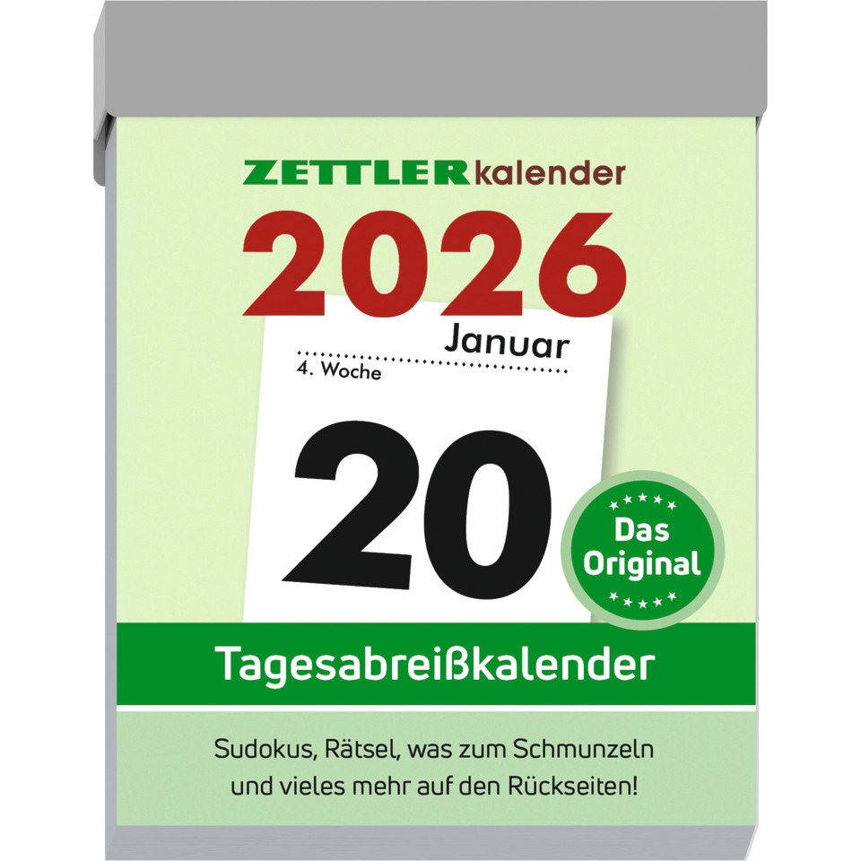 Tagesabreißkalender 2026, 5,4 x 7,2 cm, 1T/1S ZETTLER 660055 Zahl, Symbol, Text, Werbung
