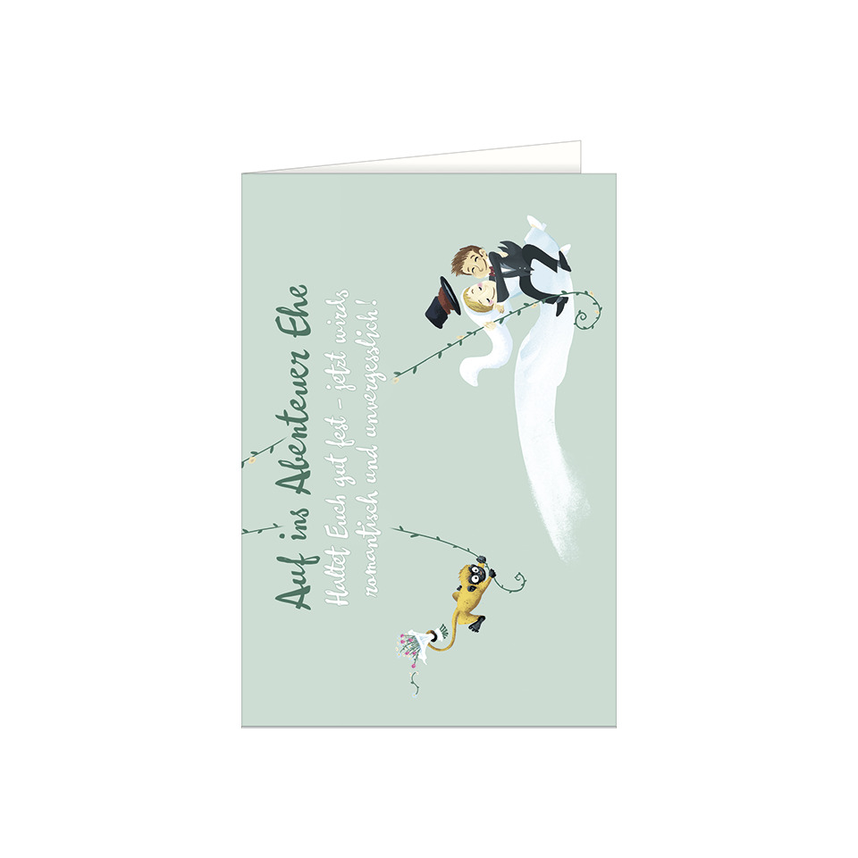 Wedding card, Cartoon couple, Flying wedding dress, Love message, Invitation card