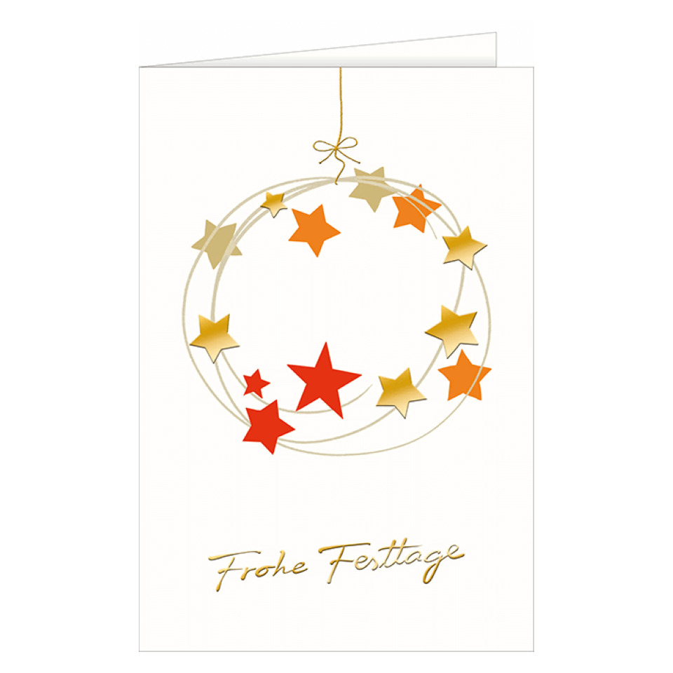 weihnachtskarte, sternengirlande, ring aus sternen, goldene sternen, frohe festtage