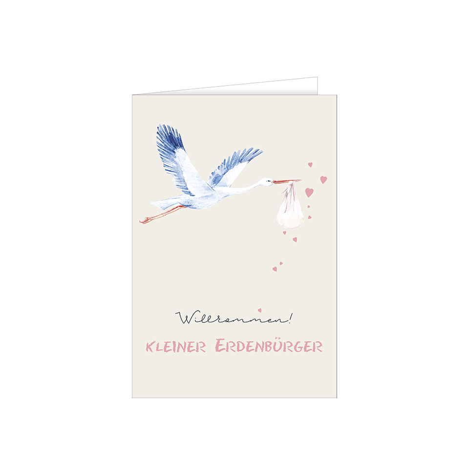 Grußkarte, Kartenmotiv, Storch, Herzchen, Kleiner Erdenbürger