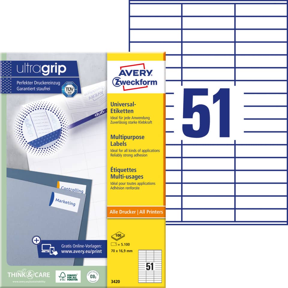 Etiketten, Universaletiketten, Multifunktionsetiketten, Druckeretiketten, Avery 51