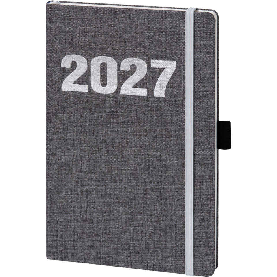 2027 Planer, Planer Notizbuch, grauer Einband, Gummiband, Dreifach-Halterung