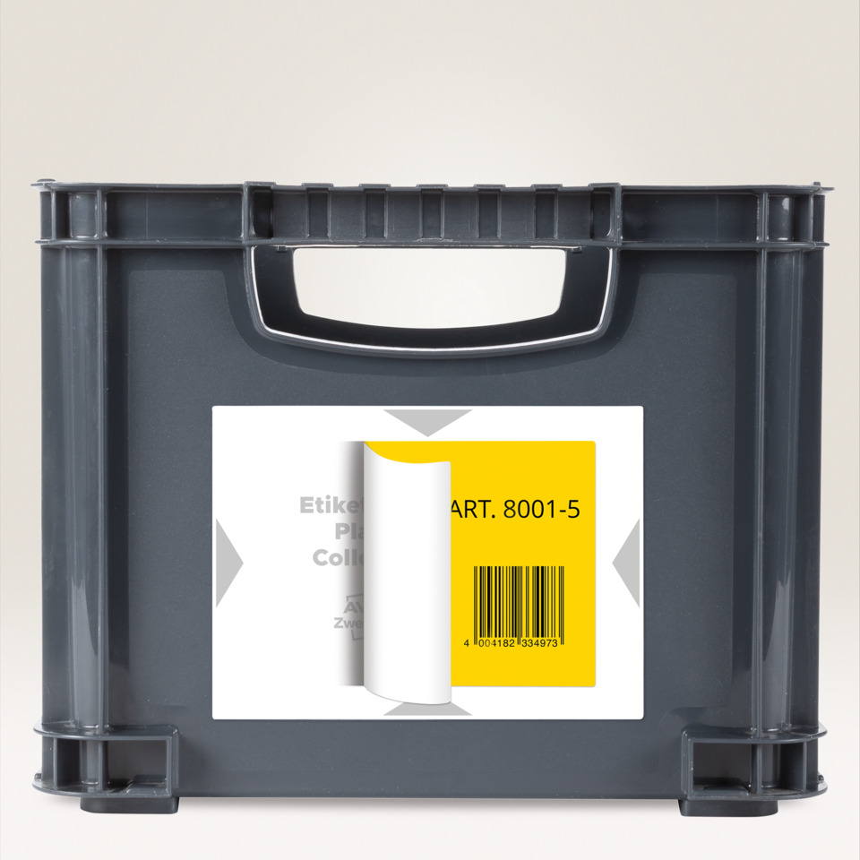 Kunststoffkiste, Aufbewahrungsbox, Tragegriff, gelbes Etikett, Barcode, toolbox, Kunststoff, grau, Griff, Aufbewahrungskasten