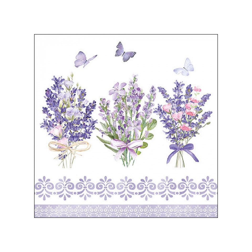 Lavendel, Lavendelsträusse, lila Blumen, Schmetterlinge, Spitze Rand