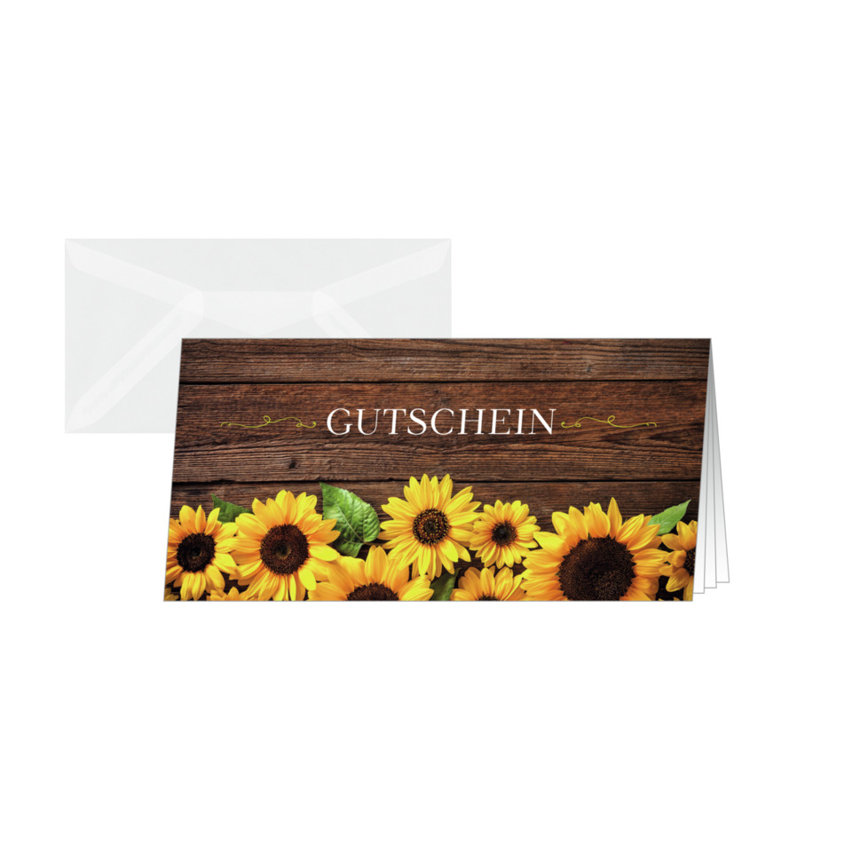 Gutschein, Sonnenblumen, Holzoptik, Kartenlayout, Ensemble-Design
