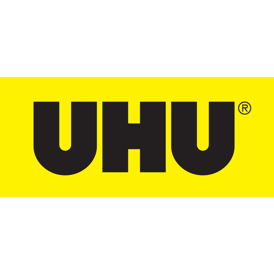UHU Logo, gelber Hintergrund, schwarze Buchstaben, Warenzeichen, Markenzeichen