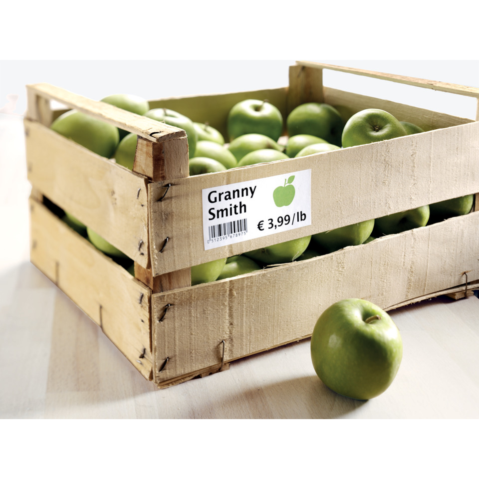 Grüne Äpfel, Holzkiste, Grünes Obst, Frischhaltedisplay, Preisetikett