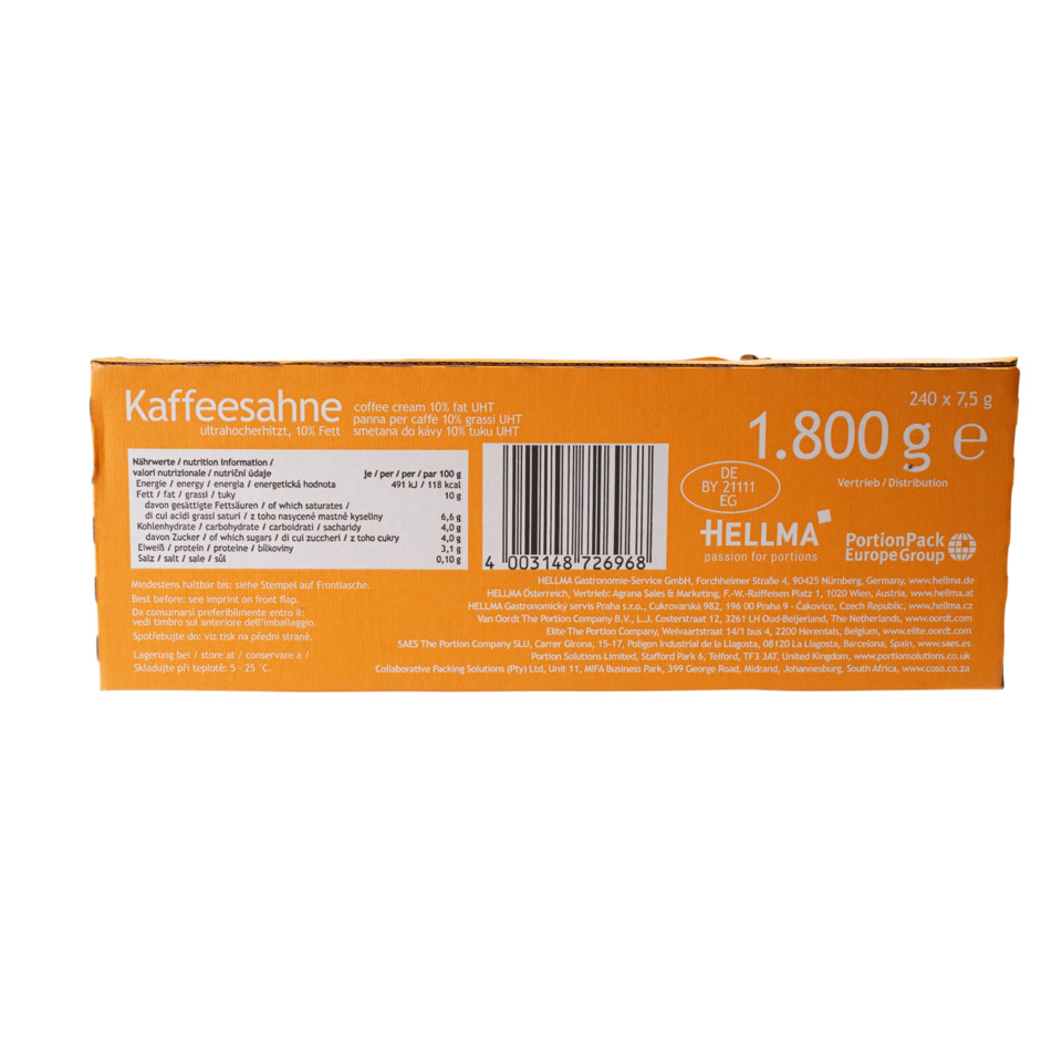 Kaffeesahne, Ultrahochhitzt, Orangene Verpackung, 1,8 kg, Portion Pack