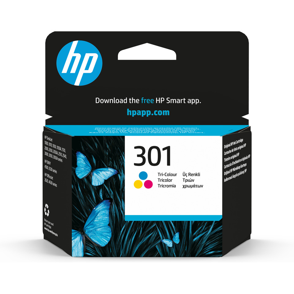 HP Tintenpatrone, 301 Tri-Farbe, Farbpatrone, blaues Schmetterlingsmotiv, Verpackungsschachtel