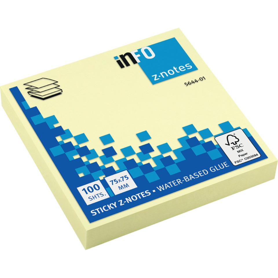 Sticky notes, Z-Notes, Wasserbasierte Kleber, 100 Blätter, 75x75 mm