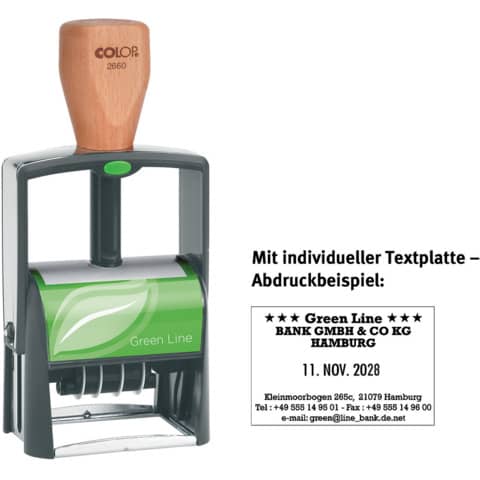 Selbstfärbestempel Green Line mit Platte, Datum + 6 Zeilen   individuell COLOP 2660GLP