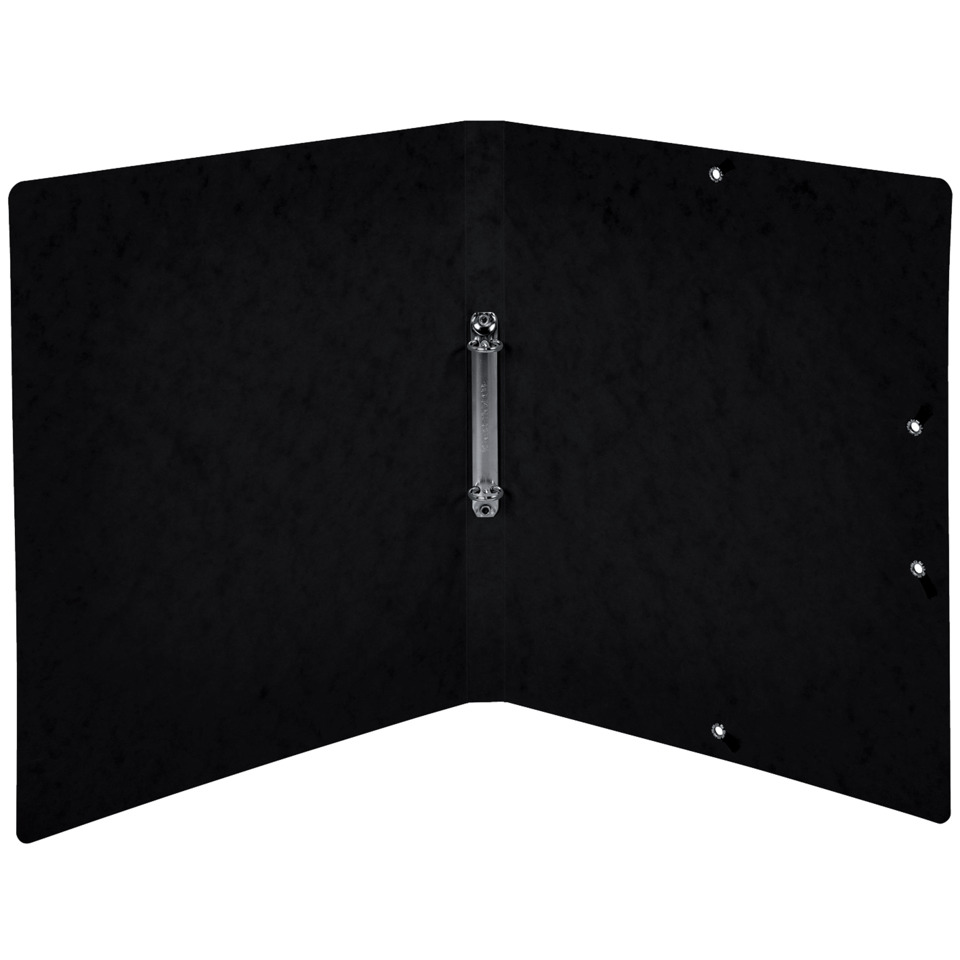 three-ring binder, black cover, binder, metal rings, pocket holes