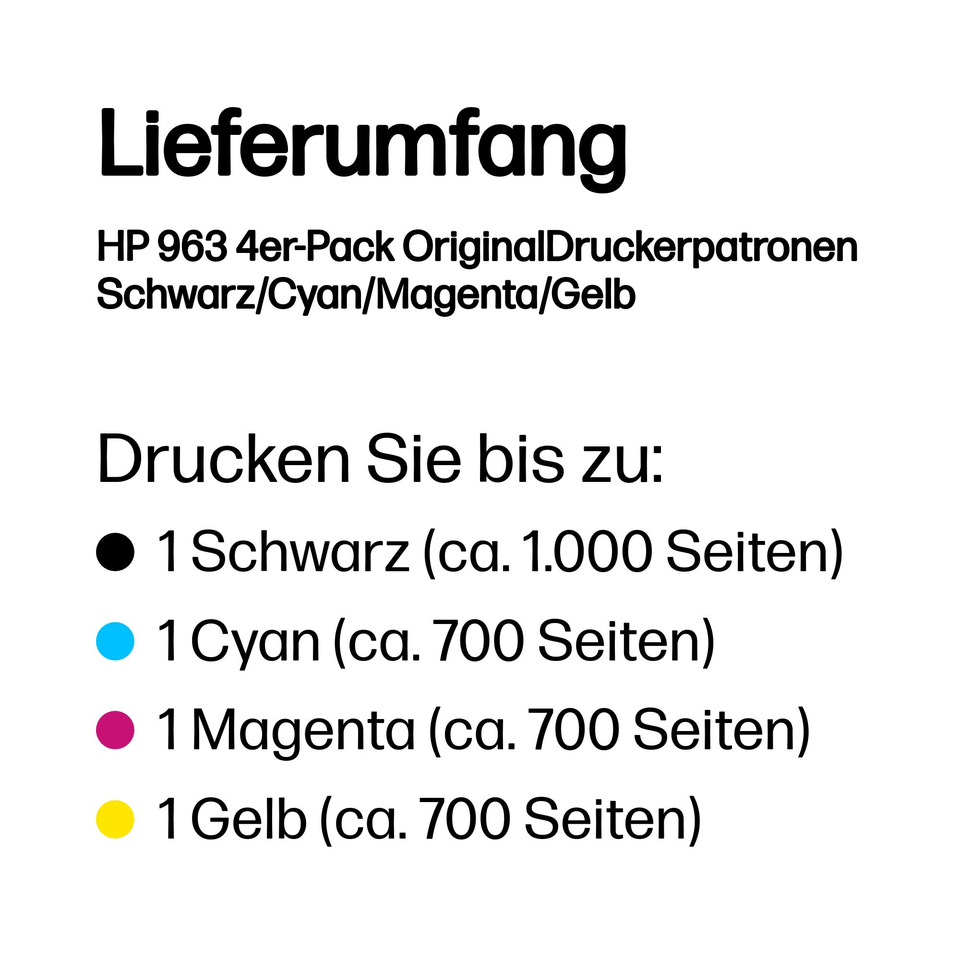 Druckerpatronen, HP 963, Schwarz, Cyan, Magenta, Gelb