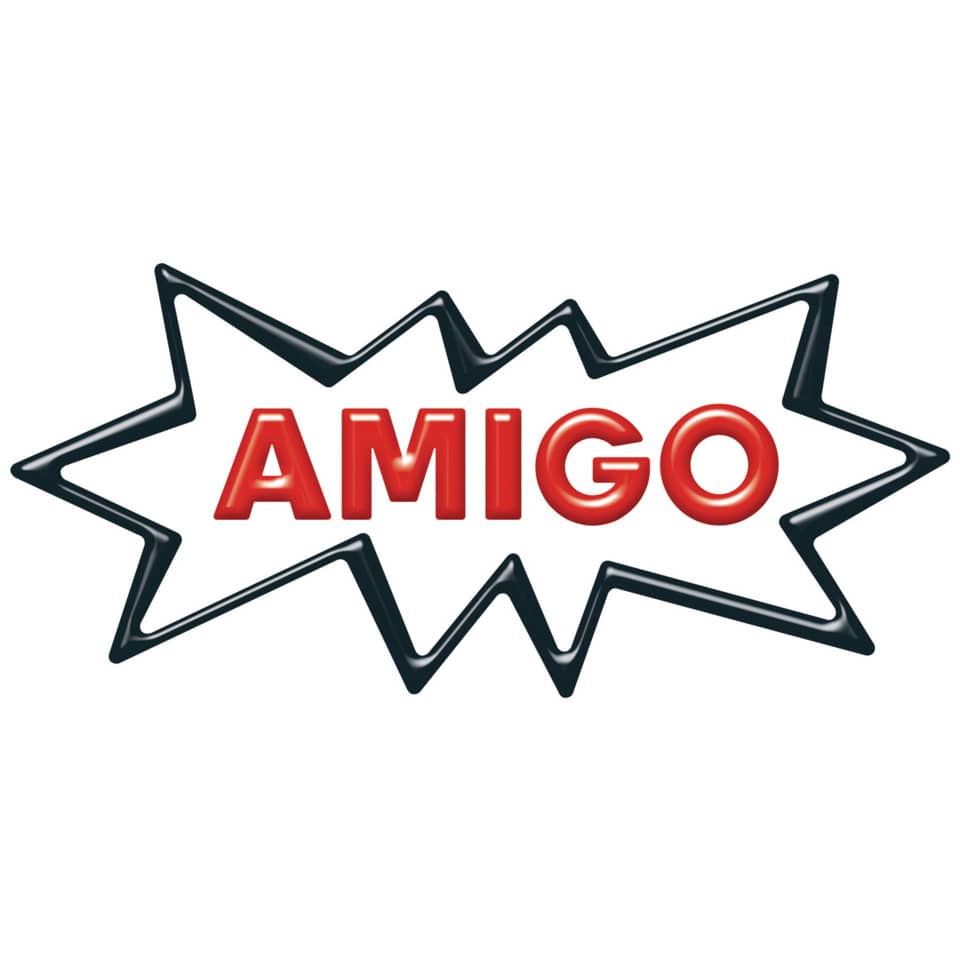 Logo, AMIGO, Sternform, rote Buchstaben, schwarze Kontur