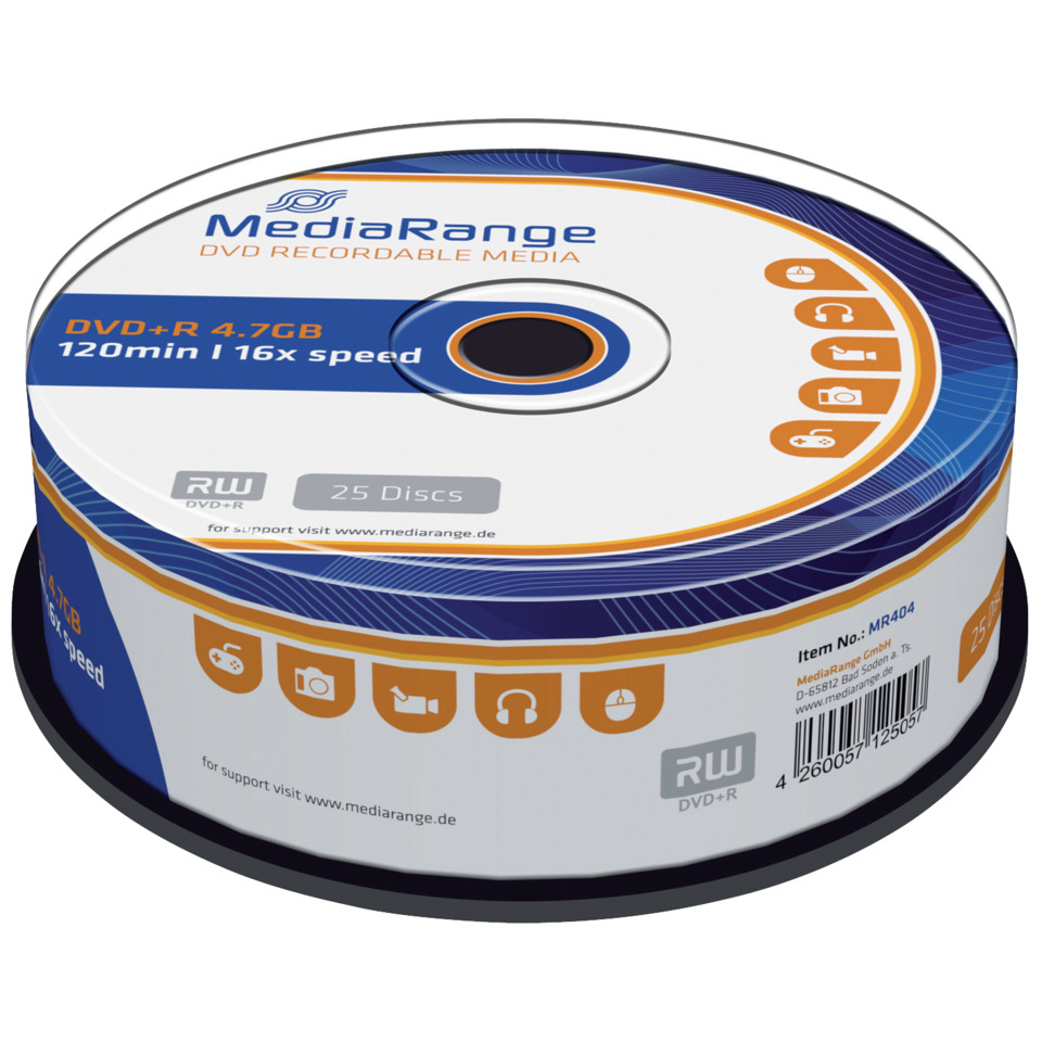 DVD+R, 4.7GB, 120min, 16x Geschwindigkeit, 25 Scheiben