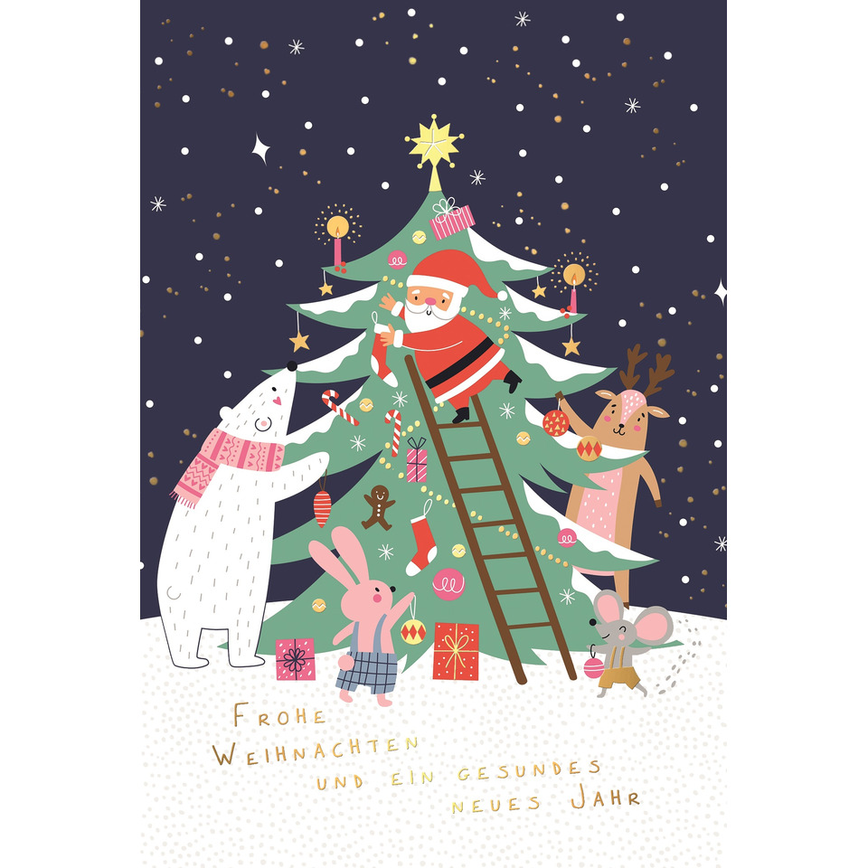 Weihnachtsbaum, Weihnachtsdeko, Santa Klaus, Schlittenleiter, Tierfiguren