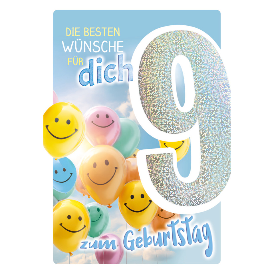 Geburtstag, Kartenbild, Ballons, Glitzer, 9. Geburtstag