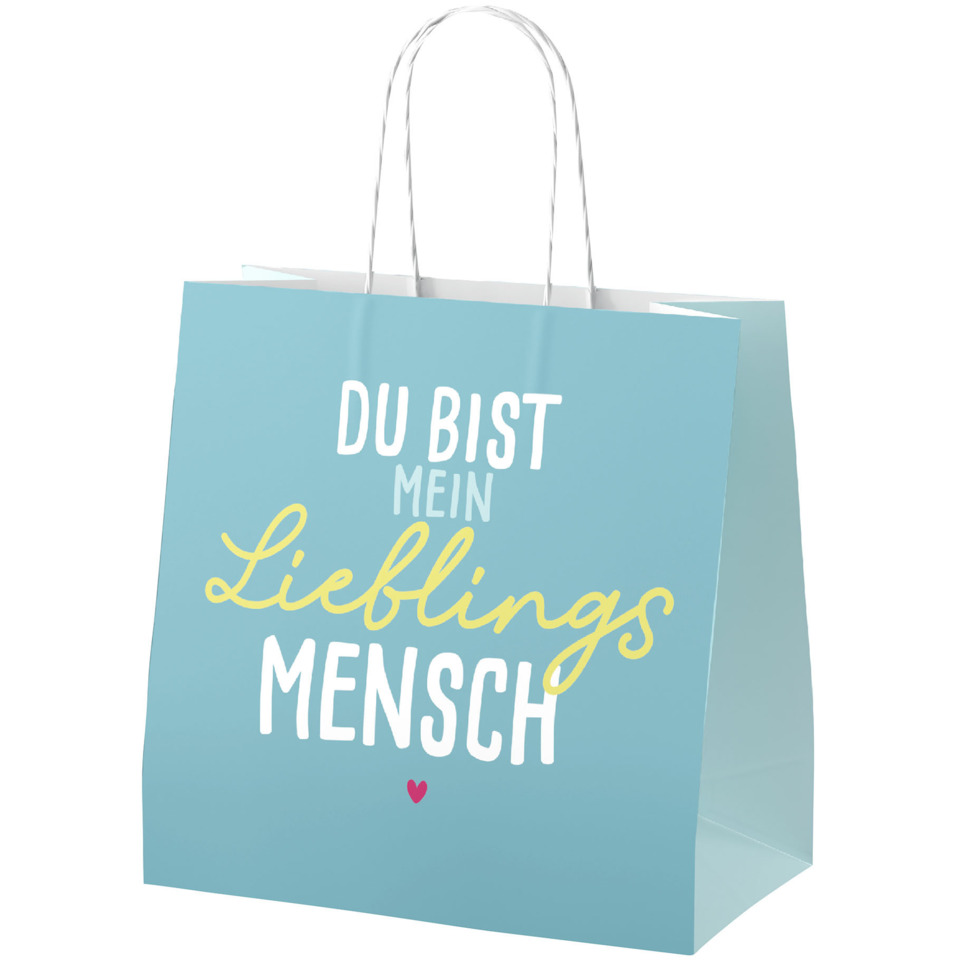 tasche, geschenktüte, papiertüte, druck, spruch, blau
