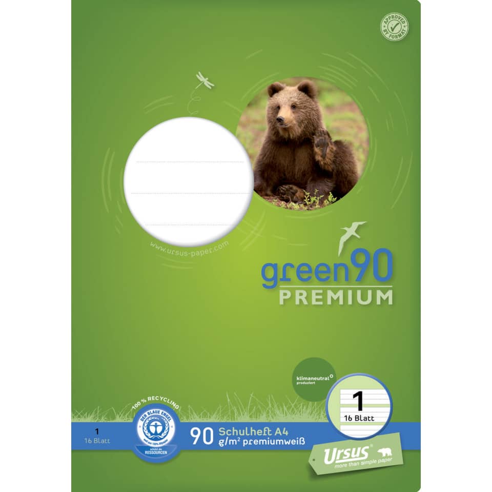 Grünes Papier, Schulheft, A4, 90 Blatt, Ursus Premium