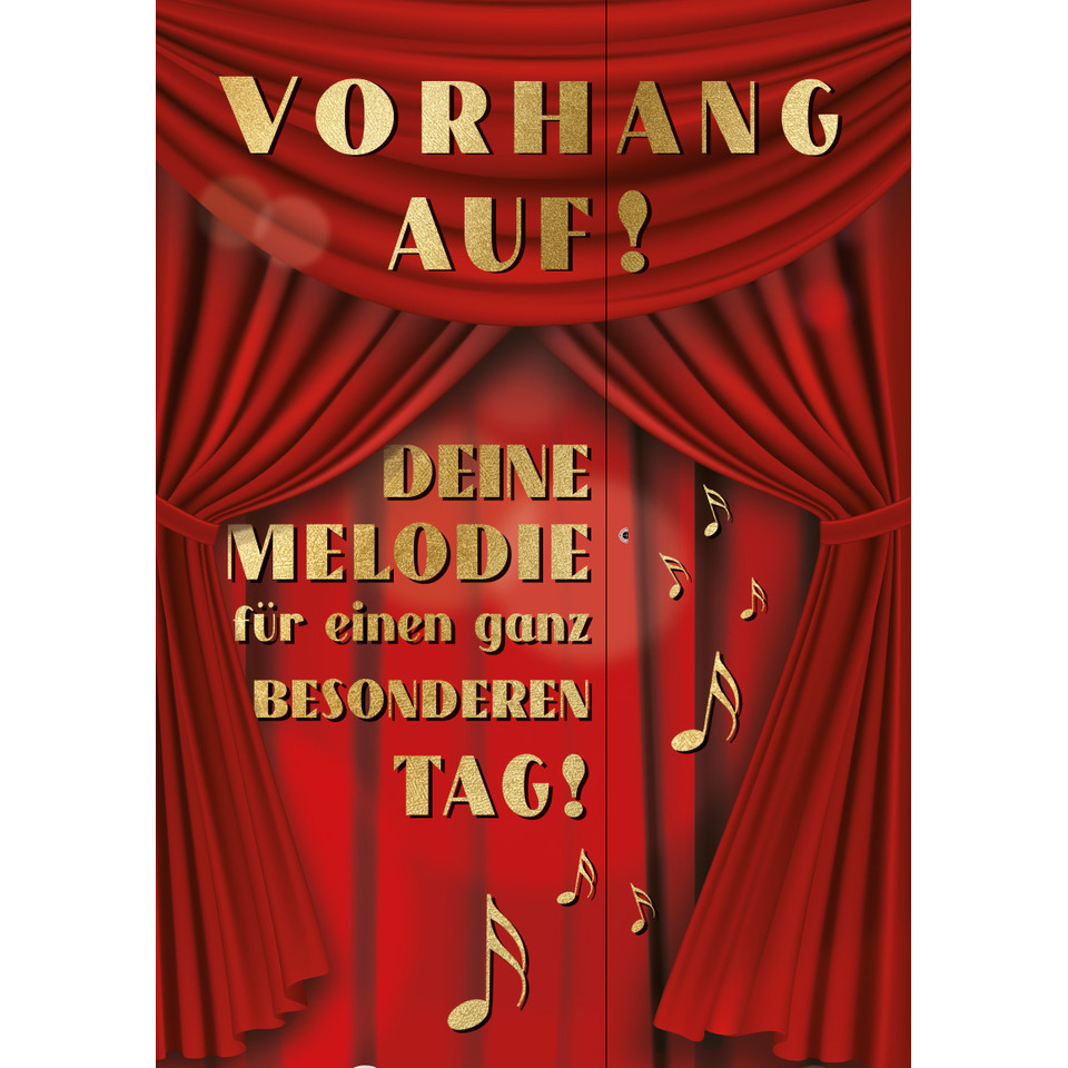 rote Vorhang, Bühnenvorhang, goldener Text, Musiknoten, Werbeplakat