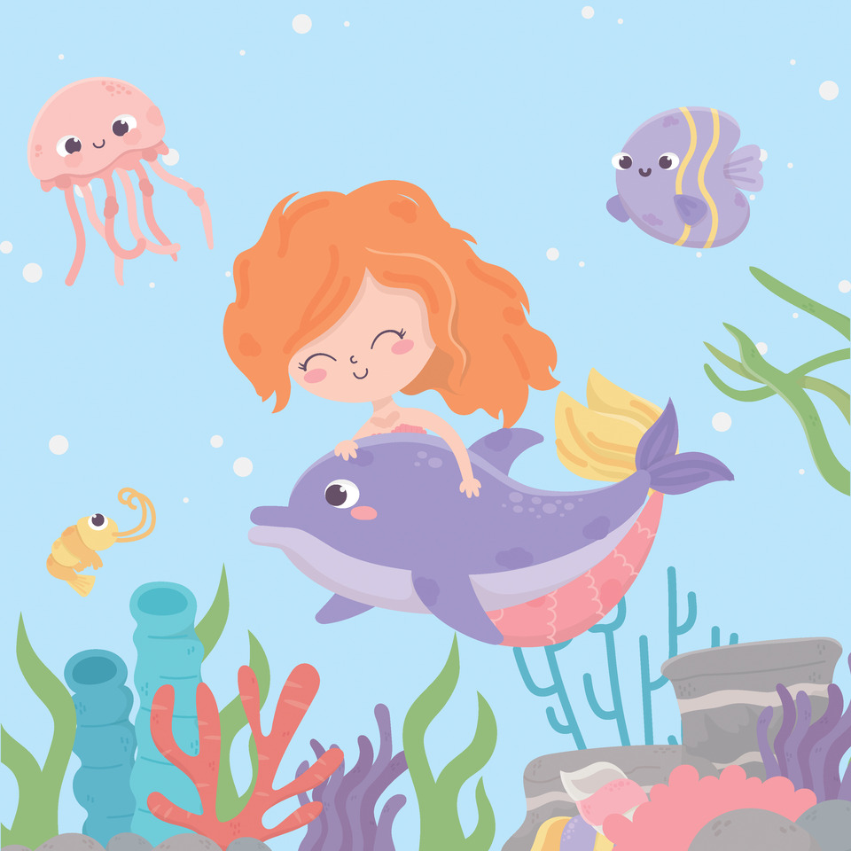 mermaid, girl, dolphin, underwater, coral reef