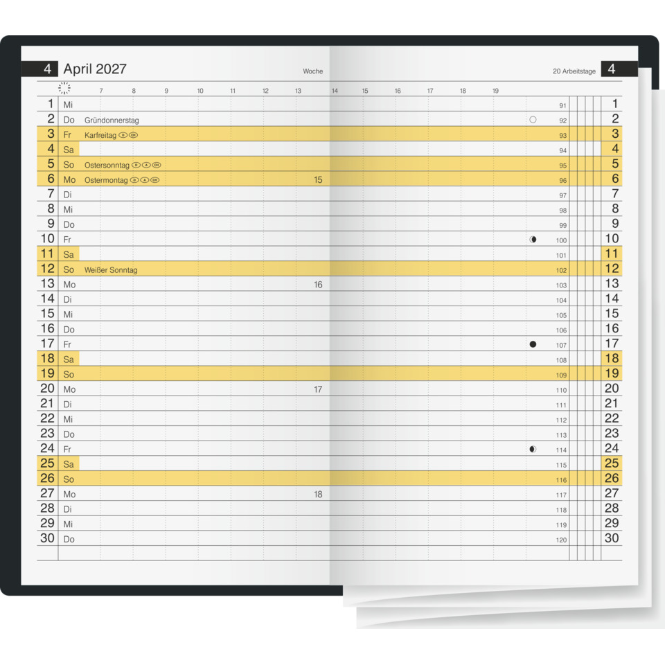 Kalender, Monatsübersicht, April 2027, Tagesplanung, Wochentage