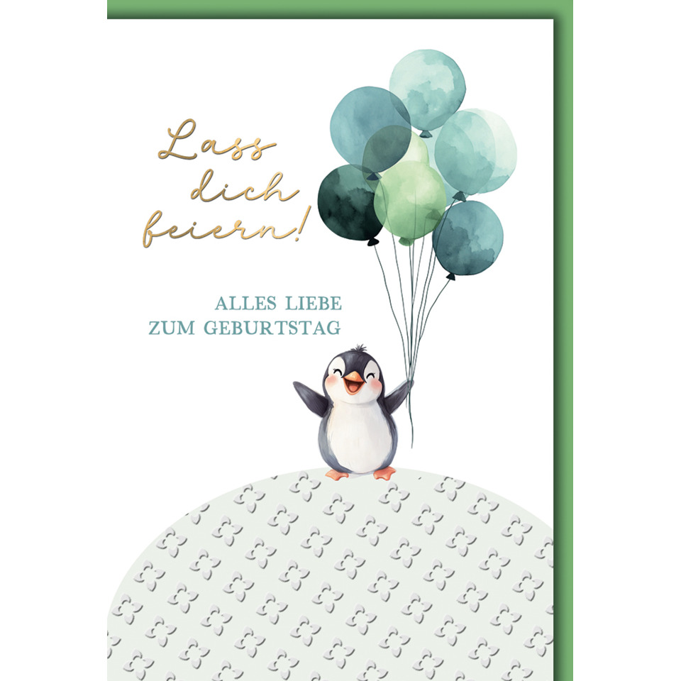 Geburtstagspostkarte, Grußkarte, Heißluftballon, Pinguin, Ballons