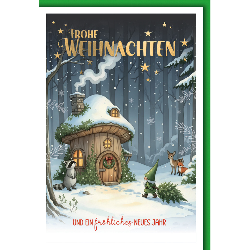 weihnachtskarte, hütte, winter, wald, tierische figuren