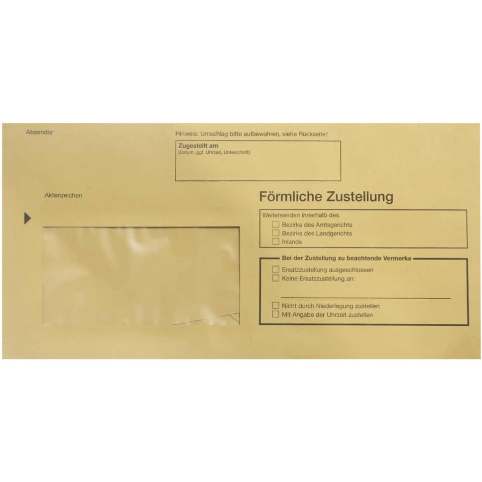 Formmeldung, Zustellung, Belegen, Aktenzeichen, Umschlag