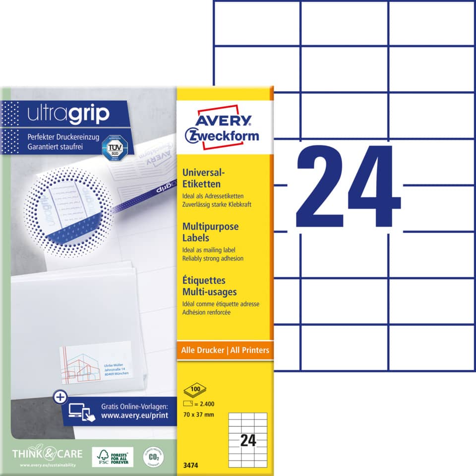 Etiketten, Druckeretiketten, Universelletiketten, Multipurpose Labels, Avery 24