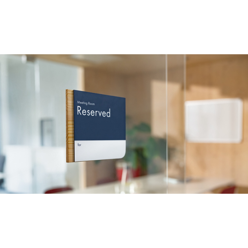 Reserved, Meeting room sign, Signboard, Blue sign, Glass wall