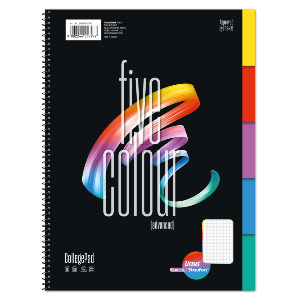 notebook, spiral-bound, black cover, colorful ribbon, collegepad