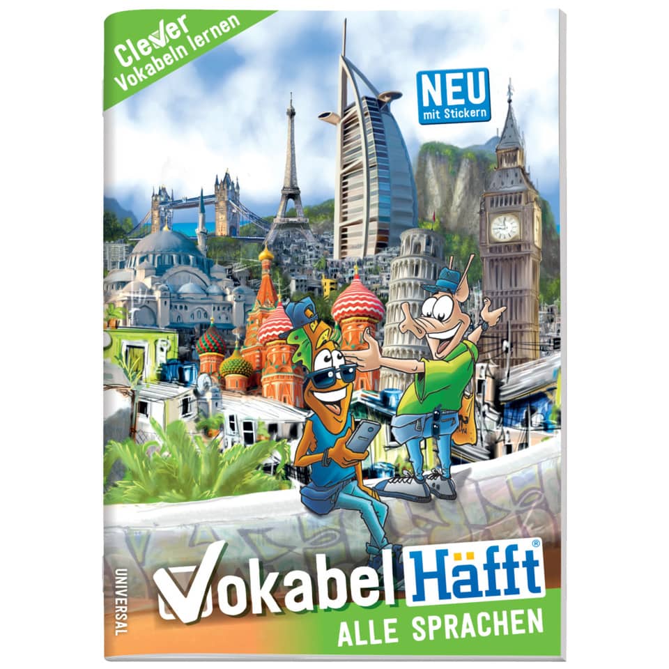 Sprachlernheft, Vokabelheft, Alle Sprachen, Cartooncharaktere, Sticker enthalten
