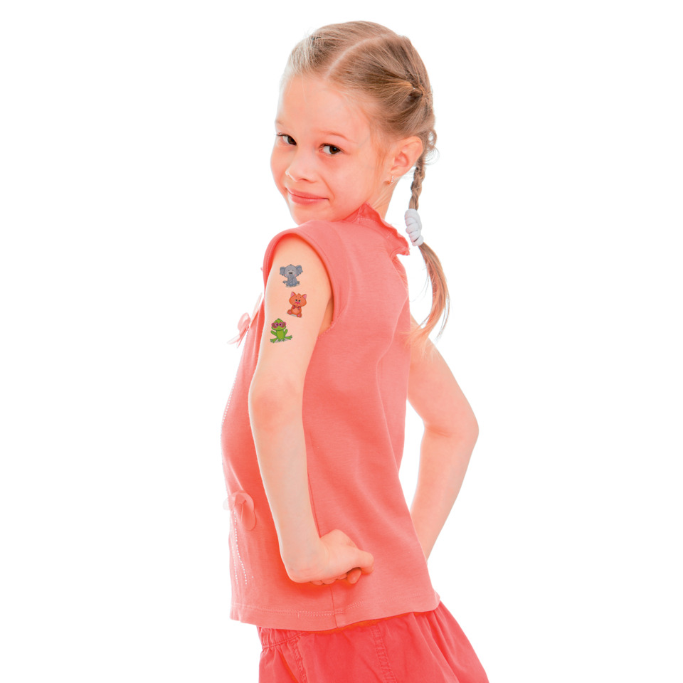 Kindergarten-T-Shirt, Kurzarm, Tattoo-Aufkleber, Pink, Kindergröße