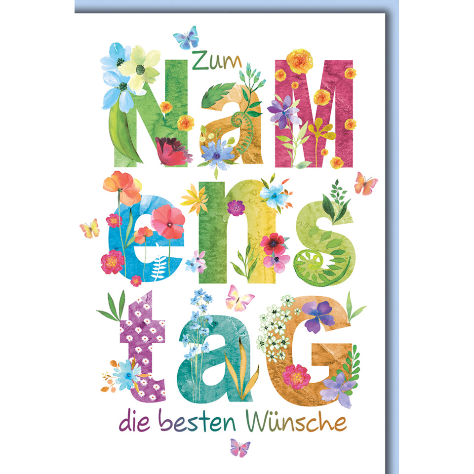blumencollage, himmelblau, kunterbunt, grünes muster, geburtstagskarte