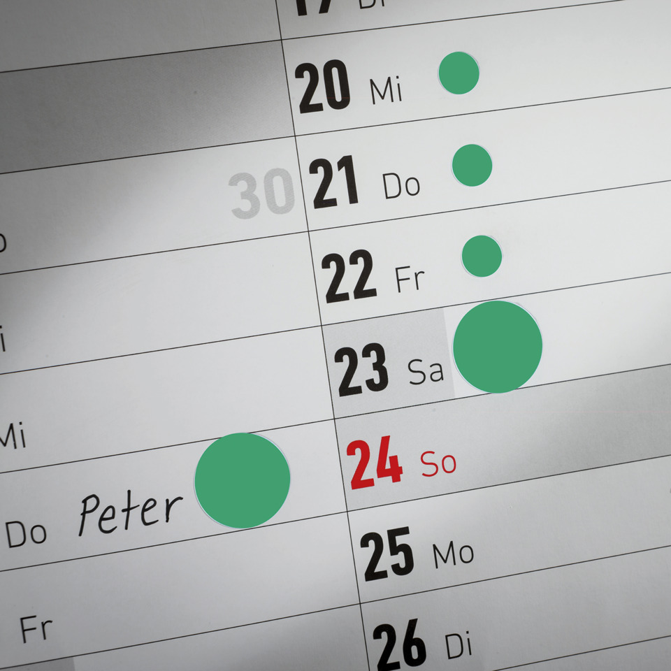 Kalender, Datum, Punkte, grüne Kreise, Wochentage