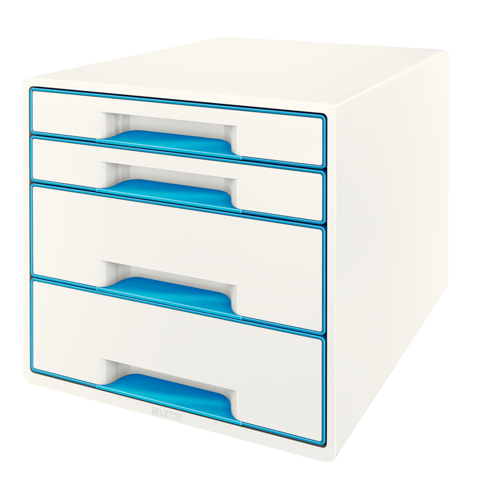 Schubladenschrank, Aufbewahrungsbox, Kunststoff, weiße Farbtöne, blaue Grifflaschen